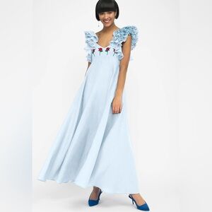 Fanm Mon Women's Size XS Blue Embroidered Ruffle Sleeve Demre Maxi Dress